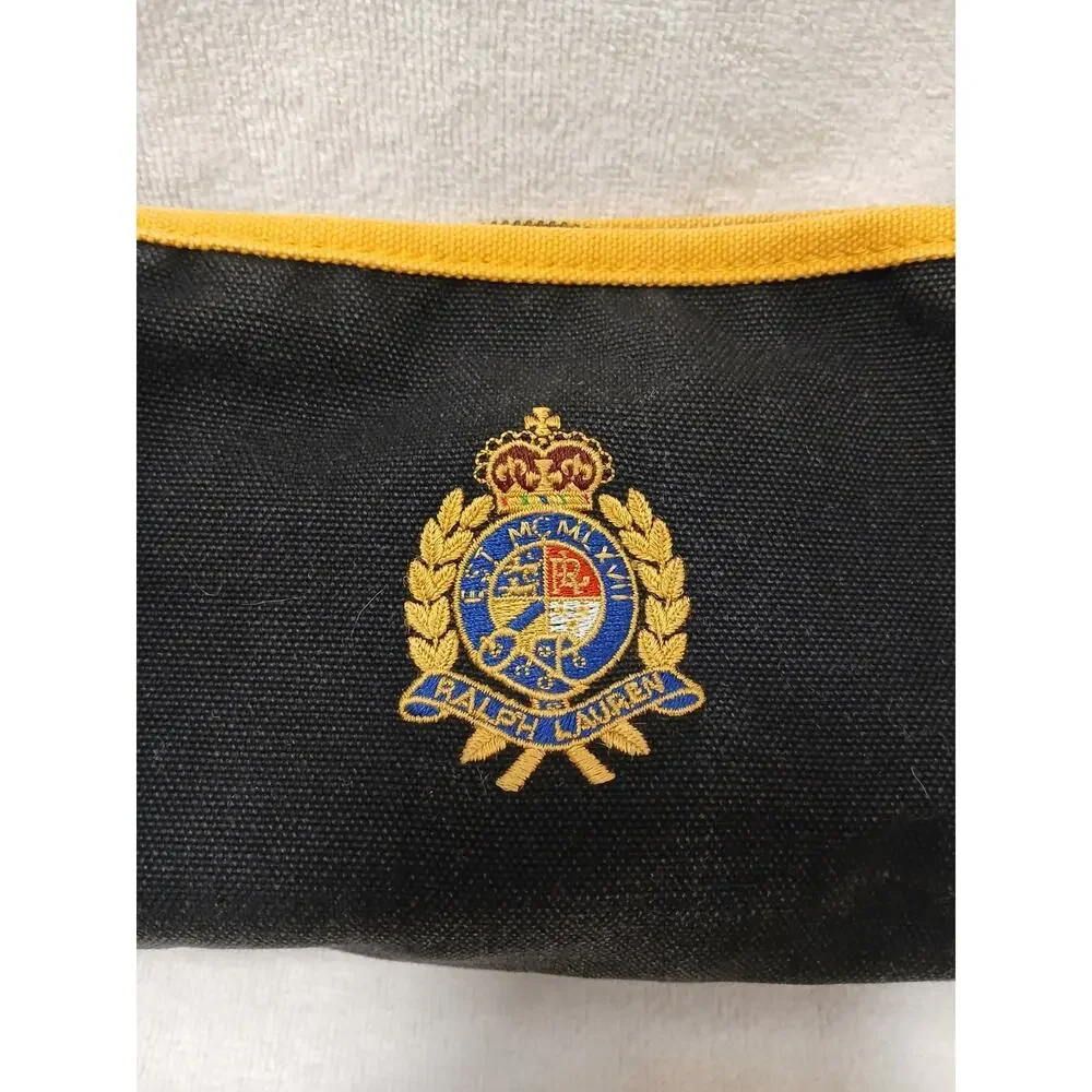 Vintage Ralph Lauren Zip Clutch Cosmetic Bag Gold Crest 7” Black Gold Embroidery